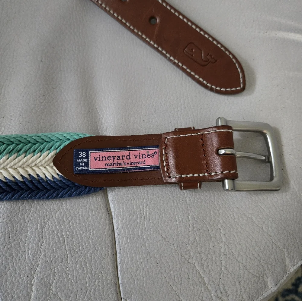 Vineyard Vines blue Green stripe woven cotton leather belt size 38